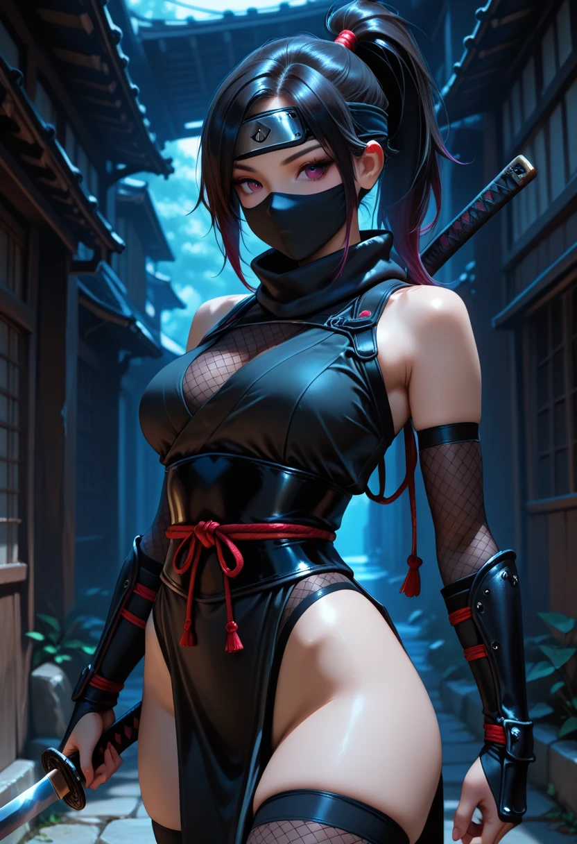 (((Highest quality, 8k, masterpiece: 1.3)), ((Highest quality)), ((masterpiece)), (detailed), Perfect Face, Black Hair, Side Ponytail, Mouth veil, (Ninja), female Ninja, Stern expression, Holding the Japan sword, Running in the dark night, Ninja costume
