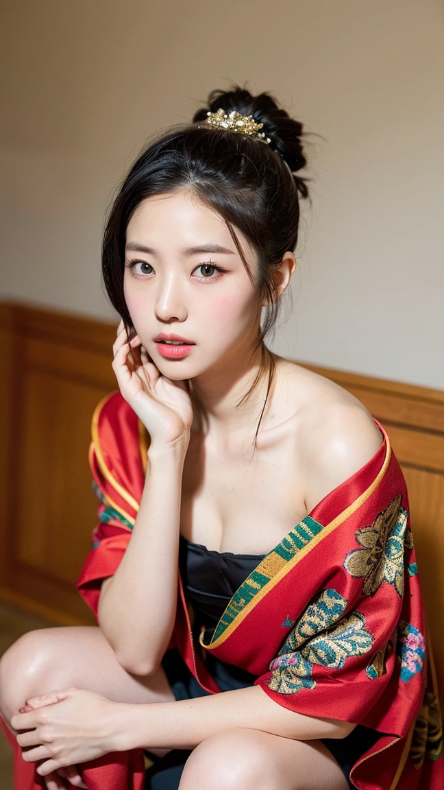 High quality, realistic, highly detailed CG unified 8k wallpaper, highly detailed, high definition raw color photo, (Photorealistic stick: 1.5), beautiful young girl, super beautiful detailed face, (admirable face: 1.2) ), (mouth slightly open, sexy look), (beautiful breasts), cleavage, bare shoulders, (slender body: 1.2), sitting sideways, sitting in a beautiful sitting position, beautiful curves , (Super stylish kimono:1.5), (Expensive kimono:1.5), (Red kimono), Super stylish lighting,