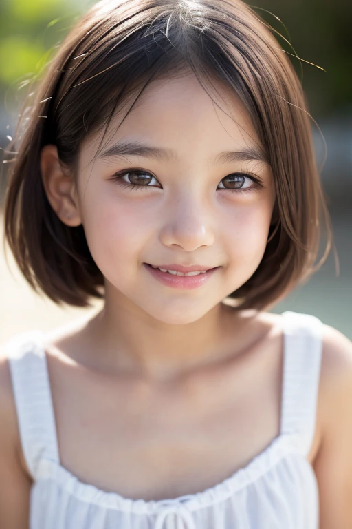 One girl, Shoulder-length short hair,Black Hair,smile, summer,room,Standing,Big eyes,Innocence,Pure Innocence,5th grade elementary school,Look here,front,Face close-up,Small swelling in the chest,Pink Tank Top,front,transparent, (masterpiece, Highest quality), Soft Light, Structure of the film, Like a movie