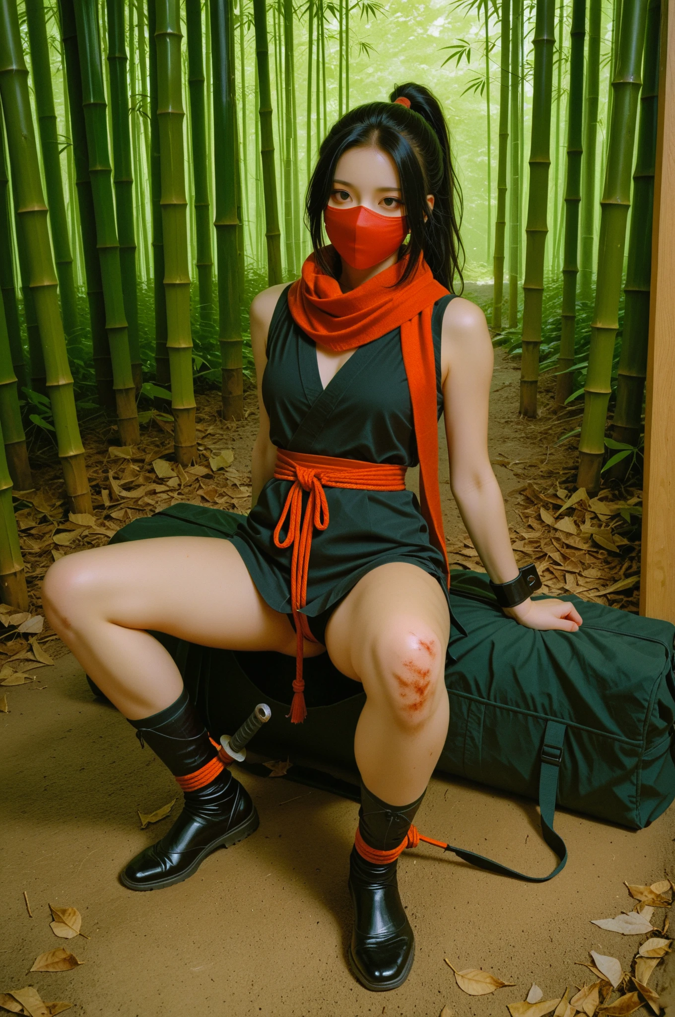 kunoichi、Beautiful Female Ninja、Black Hair Upstyle、((whole body))、(((photo taken from below)))、night forest
