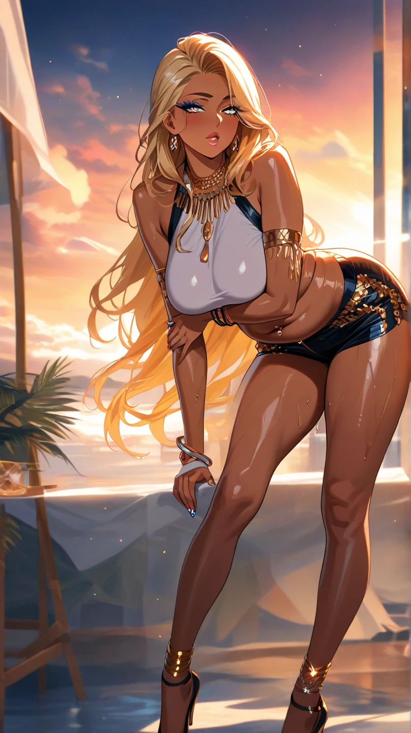 Dark-skinned adult woman with long white hair, huge breasts，White eyes and red pupils，gold tiara，gold bracelet，gold anklet，Black bikini，Bare Legs，barefoot，Standing，Sunlight，on the beach