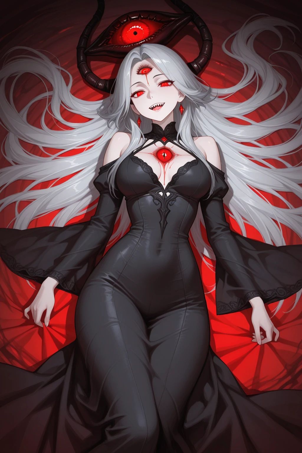 Female monster with long white hair, Eyes red, large size breasts, big mouth with sharp teeth, long tongue, oil painting, six horns ((perfect female figure)), long white hair, Eyes red, mature woman, milf, narrow waisted, gazing at viewer, seductively pose, vampire's teeth,pale skin