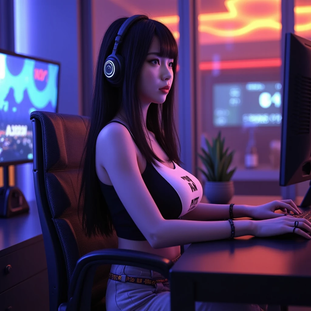 ((best quality)), ((masterpiece)), (Very detailed:1.3), 3D, beautiful (Cyberpunk:1.3) Female hacker, Thick hair, half-naked chest, Operate a computer terminal, Computer Servers, LCD screen, optic fibre cable, Corporate logo, HDR (High Dynamic Range), Ray tracing, NVIDIA RTX, Super Resolution, Unreal 5, Subsurface scattering, PBR textures, Post-Processing, Anisotropic filtering, Depth of Field, Maximum Acutance and Acutance, Multi-layered textures, Albedo and Specular Maps, Surface shading, Accurately simulate the interaction of light and matter, Perfect proportions, Octane Rendering, Two-tone lighting, Low ISO, White Balance, Rule of Thirds, Large aperture, 8K Native, High efficiency sub-pixel, Sub-pixel convolution, glowing particles,