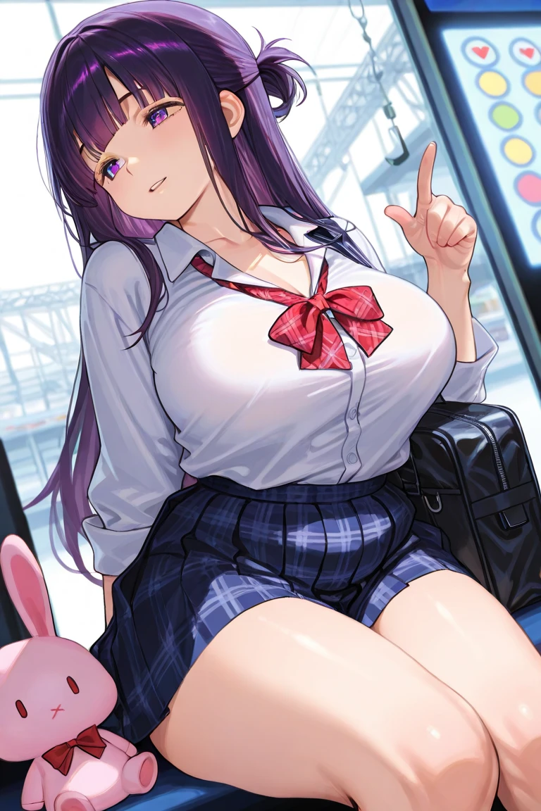 masterpiece, best quality, ultra detailed, detailed eyes, detailed face, nsfw, 1girl, solo, on the train, (spread legs:1.1), high school girl, , pleated skirt, panty shots, underwear, smartphone holding, gigantic breasts , cute , silver hair , long hair , two side up , wavy hair , closed mouth , happy , upper body