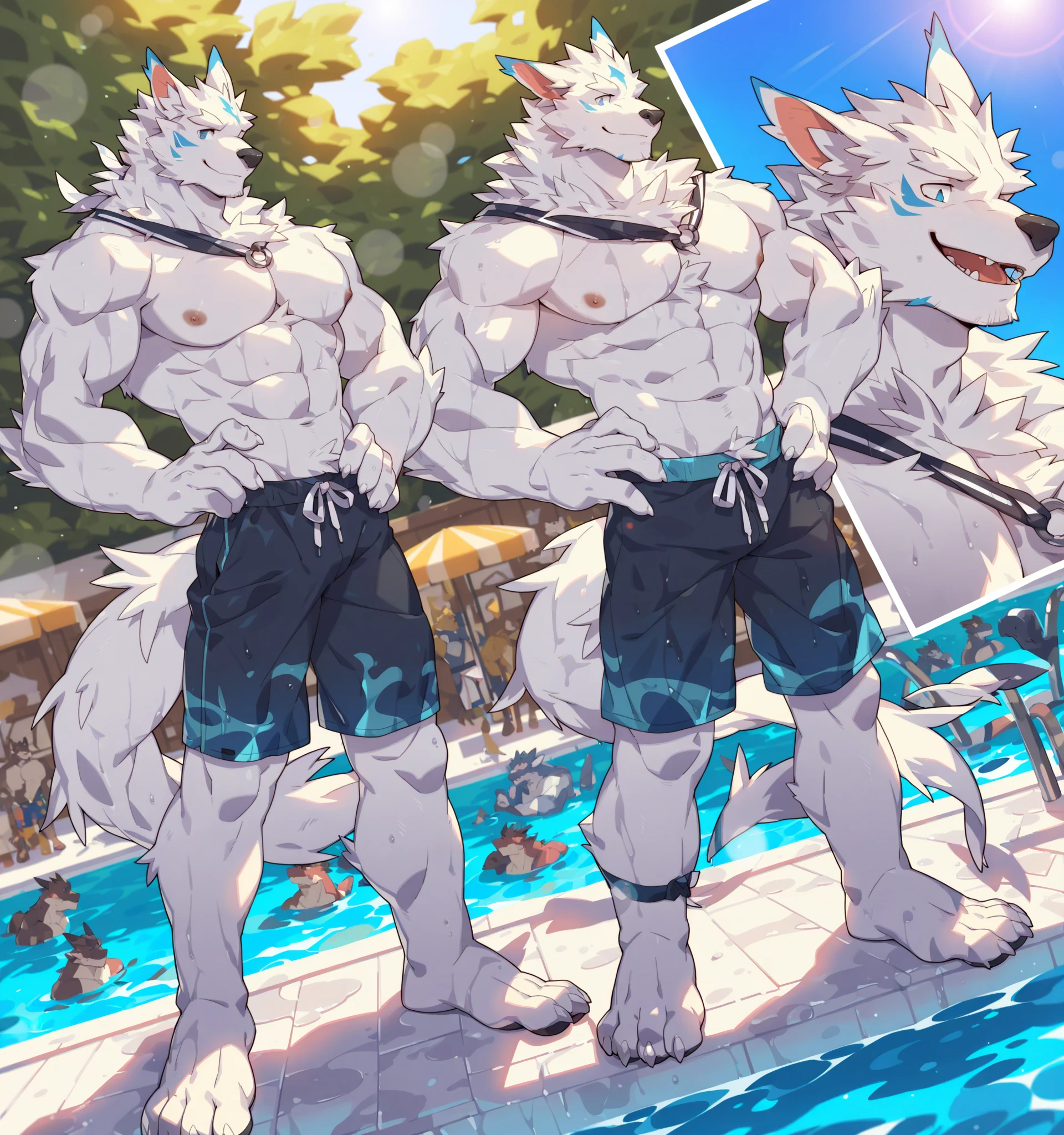 thigh high, Femboy, Flat chest, Bulge, The bulge in the crotch of a manly swimsuit, uploaded to e621, zackary911, Men's A manly swimsuit that looks like a string with panty-like fabric area, Shiny Metallic Black Men's Bikini Panty String Swimsuit, men's swimming competition, solo, male, topless, strong, Beautiful dark gray coat-colored fur, wolf, Wolf Man, wolf ears, messy hair, Swimming muscle body trained by swimming, standing, outdoor pool, Cool and cute boy, furry, anime art style, Looks cool in a Stylish body that can wear men's swimsuits with a small fabric area like strings,
