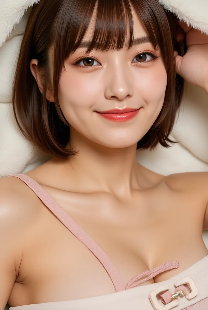 incredibly absurd, beautiful and cute 20-year-old Korean girl with a photorealistic face, showcasing top-quality craftsmanship. Her slender frame adorned with short, messy hair. The artwork high-resolution, allowing for ultra-detailed features to be captured flawlessly. The focus lies on the realistic pupils, showcasing depth and emotion. ((breasts out)) cute smile.