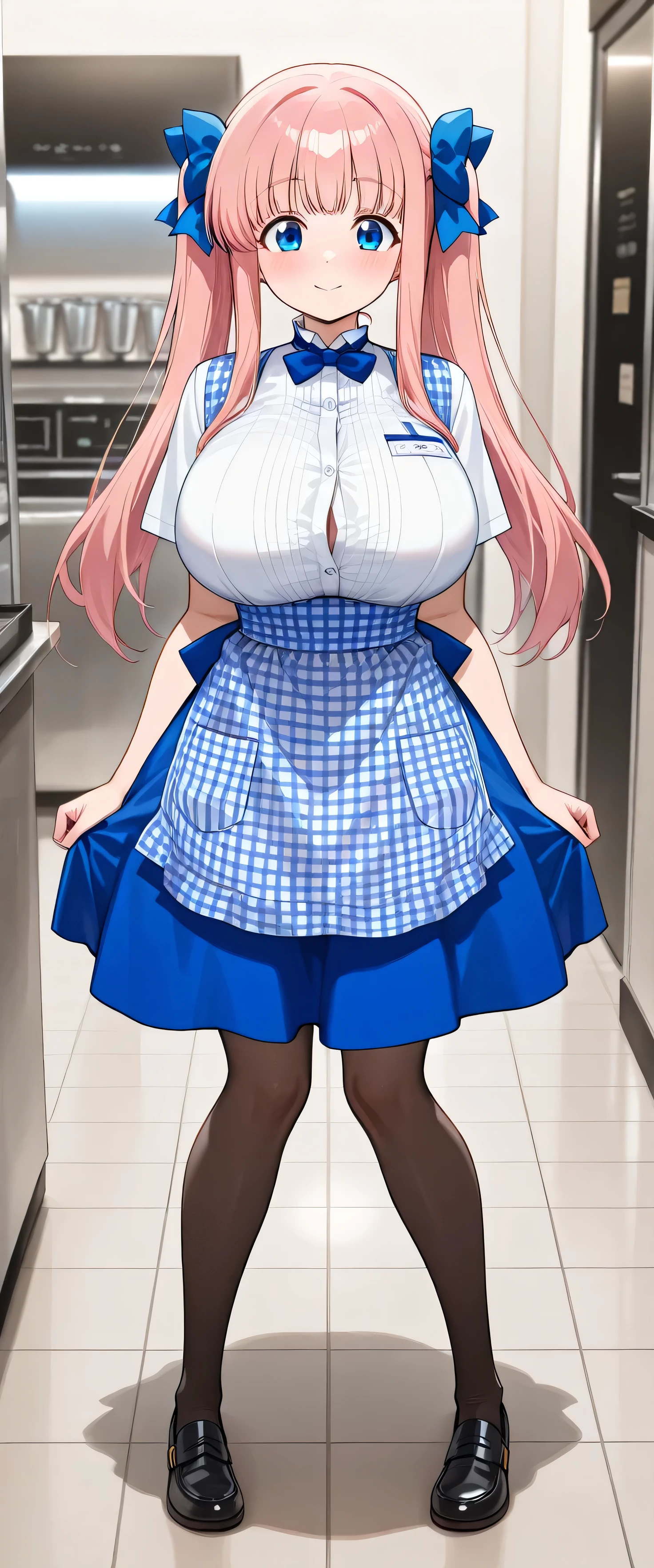 (beautiful girl: 1.3),masterpiece,Please redeem,Ultra-high resolution,Rich contrast,Very high quality,8k,Highly detailed CG unit wallpaper,Texture,So ridiculous,RAW Photos,Please redeem anime,Depth of written boundary 1.2,nodoka_haramura, 1girl, pink hair, twintails, long hair, blue eyes, ribbon on twintails, huge breasts,crew, blue bow, blue bowtie, white shirt, short sleeves, blue skirt, blue apron, gingham apron, employee uniform, high-waist skirt, waitress,kobeya uniform,((blue ribbon)),squatting down