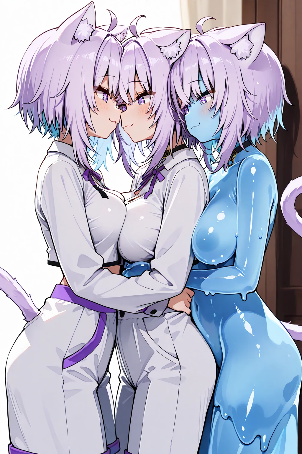 Tentacles、Rider Suit、leotard、Ultra-detailed illustrations、Ultra-precise expression、masterpiece、Highest quality、ultra High resolution、High resolution、Hiromitsu Takeda Style、White background、Simple Background、One girl、solo、Mash Kyrielight、light purple hair,short hair,hair over one eyes、Purple Boots Heels、Purple eyes、(ahegao)、Vulgar expression、smile、Open your mouth、blush、Large Breasts、Big Breasts、Erect nipples、Choker of Hearts、White Breath、Sweat、pubic hair、、How、Pussy juice、Glowing Skin、shiny skin、Front angle、View your viewers、Place both hands on vagina、ピンクTentacles、slimy、