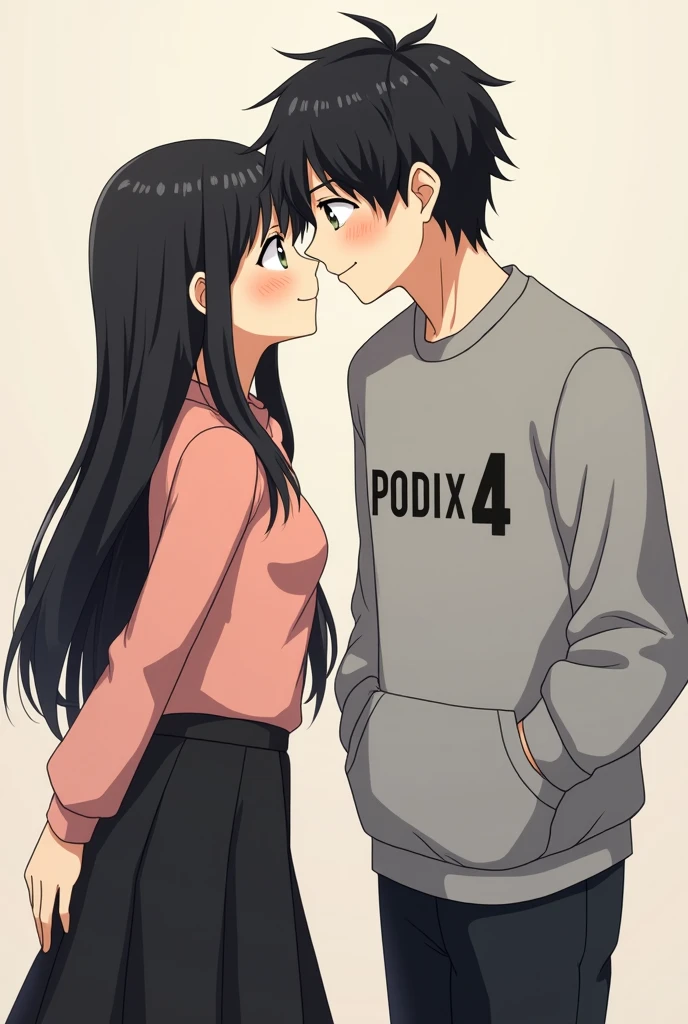 Young man with brown hair and orange t-shirt, along with a girl with black hair and white clothes with a blue dress