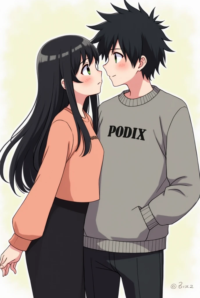 Create about two people, a boy and a girl, the boy who has black hair, Black shirt that says &#39;MONBRI&#39; in red and white capital letters and the number 07, black pantaloon, And the girl who is black hair,Black blouse that says &#39;MONBRI&#39; in white and red letters and in capital letters and with the number 07,BLACK PANTS and that they are animated like cutes and shaking hands