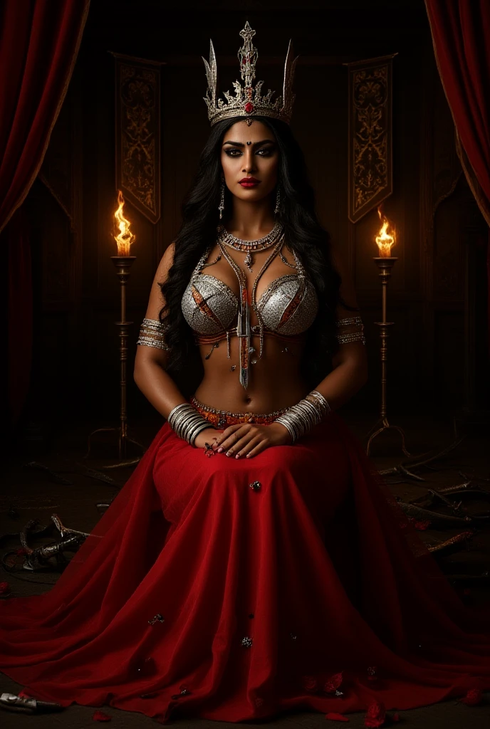 "Create a compelling anime villain inspired by India: Rudra Roop, with fiery red hair and a menacing presence. Infuse elements of Indian mythology and symbolism into the character's design, incorporating dark, regal attire and fierce, calculated demeanor. Reflect India's mythological complexity and depth in Rudra Roop's persona."