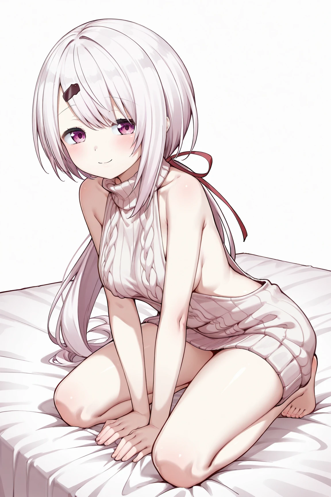 Jmasterpiece, best quality, ultra-high-detailed, Disgusted face, white hair, red eyes, sigtuna julie , small breast, looking to viewer, deep eyes, glare eyes, muscular, eyeshadow,  bare shoulder , Collarbone, spaghetti straps, medium breast , shaded face, fit body , underwire bra, open front bra, cleavage ,  near camera shot, so close, Navel, midrifft , underbutt, Underbust, upper limbs , underbutt, from below, ,muscular, showing ass, bending over back view, in bed, ABS , holding the bed, sitting