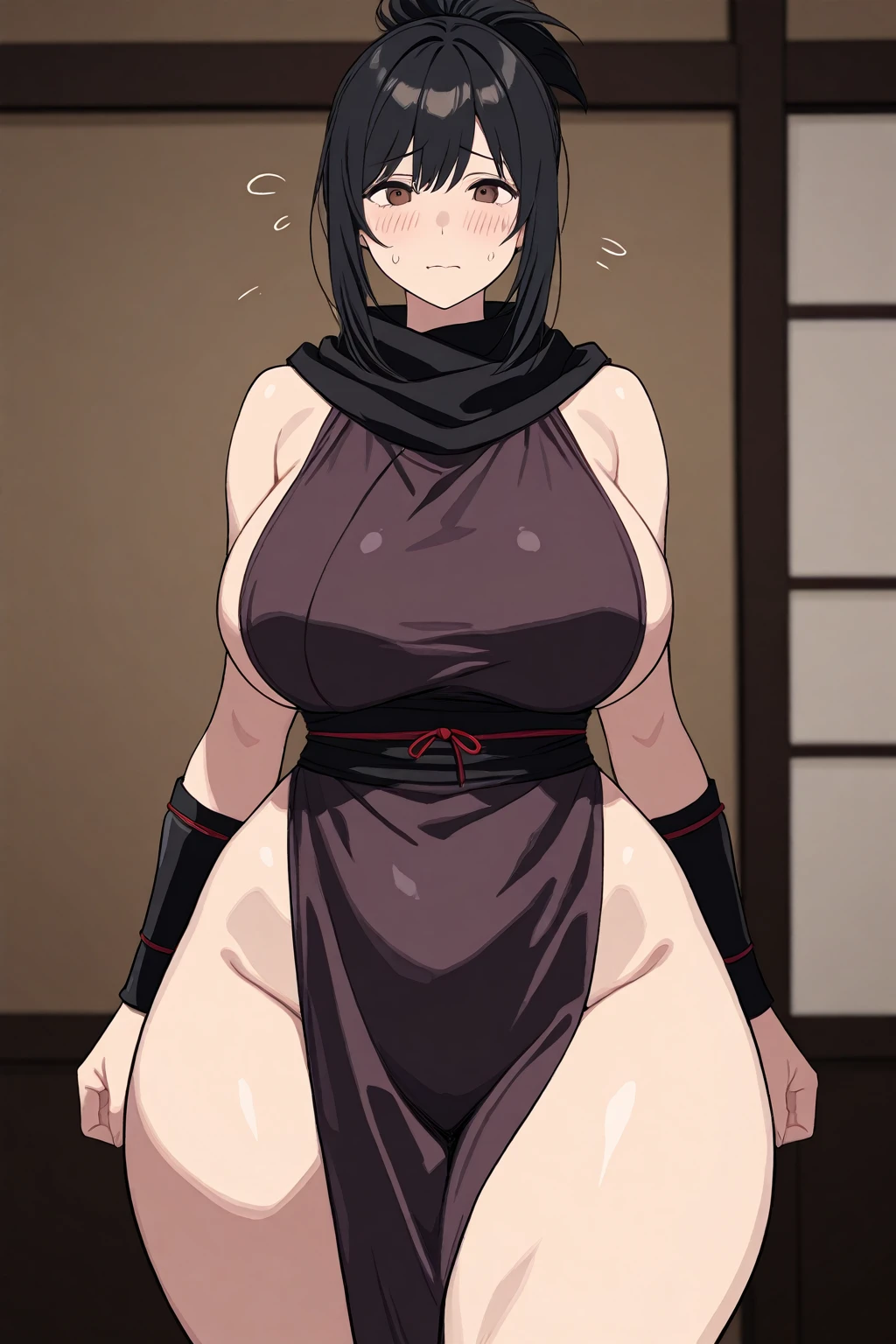 masterpiece, absurdres,hinata\(boruto\), 1girl, mature female, solo, cleavage, black pants, (large breasts), (evil smile), wide hips, (half closed eyes), (sweat), (black thighhighs), (teeth), (black bikini), spread legs, ((plump)), (belly grab),