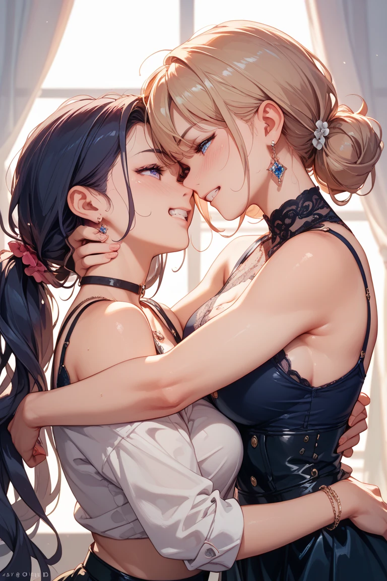 two girl,big breasts,bikini,gloves,smile,Embrace each other,