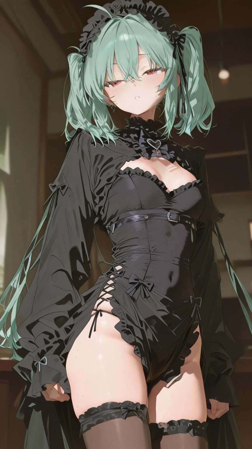 I'd like a young-looking woman with short, well-combed green hair that's lightly tied up. I'd also like her to have black eyes and to be dressed somewhat medievally. Everything in anime style.