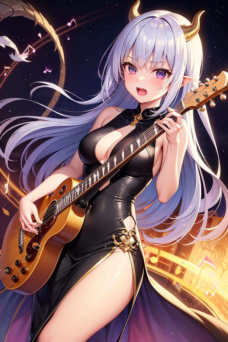 very high image quality, high quality, masterpiece, exquisite, 16k, anime illustrations, great proportions, white glossy short hair with splashes in places, messy hair, half-up knitting ponytail hair style, intelligent beauty, black glasses, sparkling blue big eyes, glossy pink lips, laugh like a prankster, happy, shy and sticks out tongue, huge breasts, slender, full body, tattoos, black corset dress with gold embroidery, singing a song, playing the star shaped electric guitar, microphone, live stage