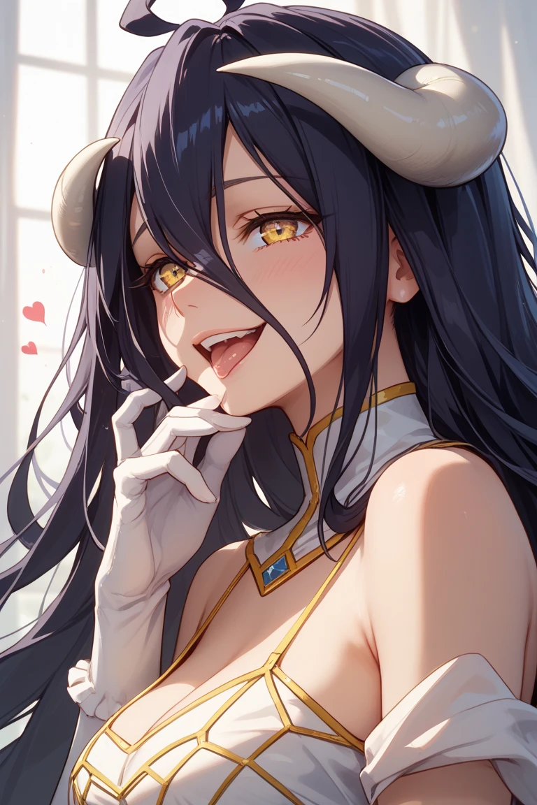 score_9, score_8_up, score_7_up, 1girl, Comic Style, albedo (overlord), light from Front, pale nipples, one shoulder free, loose top, shoulder free top, Bikini, standing, (no top), (large breast), perky breast, ((sexy Pose)), naughty smile, focus from below, (((close up))), ((no pants)), (((breast Portrait))), Focus on breast, no Gloves, looking at viewer, fit body, posing, crowded medievil street, Blurry background