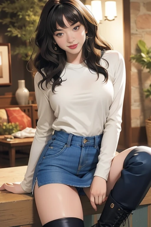 (very beautiful face, beautiful lips), (beautiful eyes ), face with intricate details, ((super detailed skin)) 1 girl, angle from the side, smiling, wearing a knit shirt (saggy breasts), middle-aged breasts, (D cup), denim micro miniskirt, pantyhose (real), black long hair, (black eyes 1.1), realistic face, (((standing in the living room))), defenseless lower body, dramatic lighting, luxury living room. Sofa, lamp, flower,design: Japan's cutest beautiful girl idol! ! !