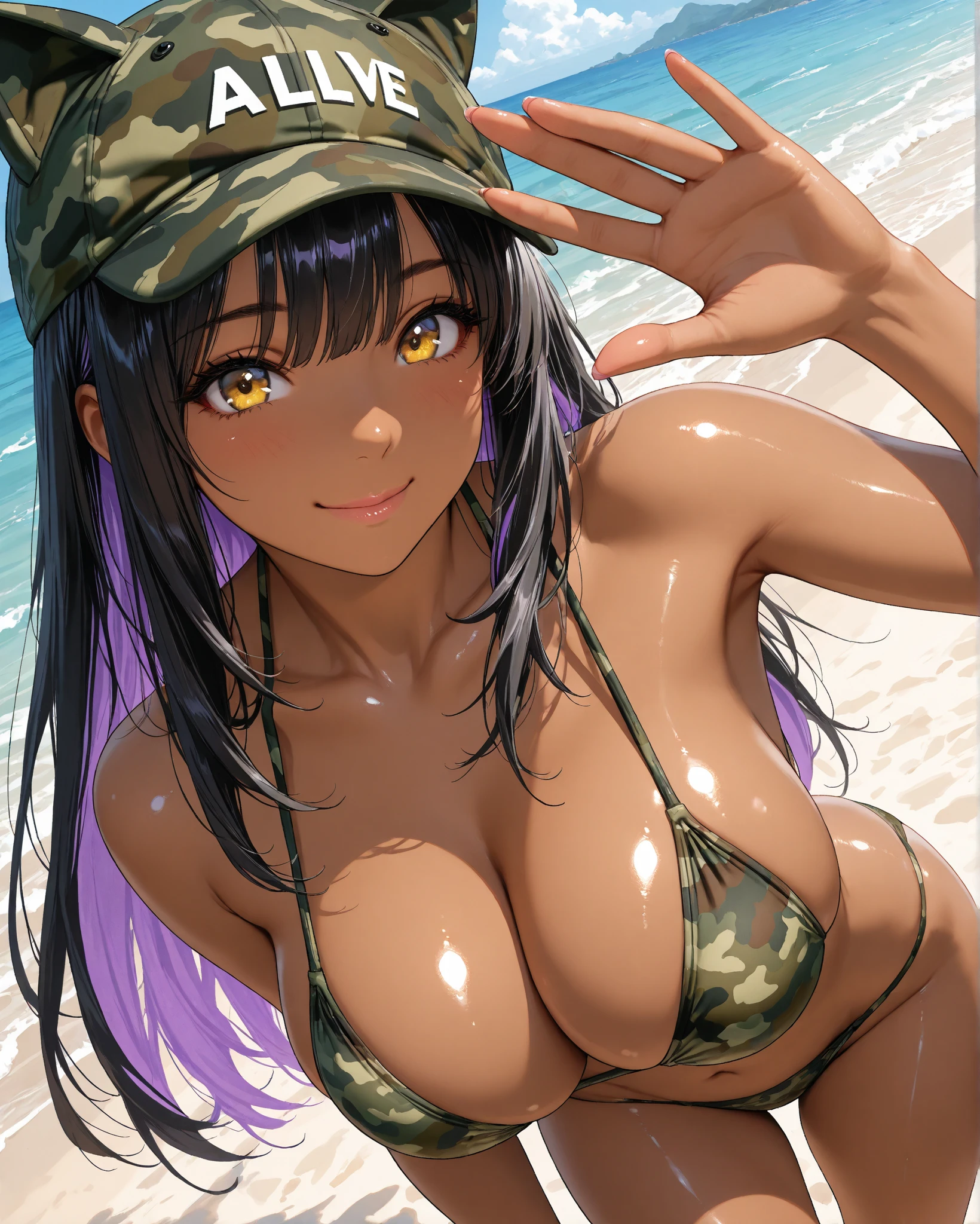 nsfw,(((masterpiece))), (((best quality))),((masterpiece:1.5)), (best high quality), (ultra high res), (ultra highly detailed), (4k:1.3),anime colored,perfect hands, perfect fingers, perfect legs,1woman,solo,idolmaster, ((aki yamato)), (20yo, beautiful girl), (beautiful deep green eyes),(beautiful hair), (low ponytail,long hair),(wet hair), (shiny hair),(wet skin), (dark skin),(shiny skin),(large breast),(large areolae),(camouflage print bikini)),((see-through)),((((salute)))),full body shot,medals, military cap, black boots, green military uniform,choker,white gloves, muscular abs, open chest, bare chest, bare stomach, belly button exposed, breasts out,((cleavage:1.1)), bare shoulders,((pubic hair:1.4)),(bsp, pussy juice dripping,pussy, pussy slip,no makeup, sweaty body),(spread legs),((steam)),(scatter sweat),(a big smile), ((open mouths)),((wink)),((one eye closed)),((tongue out)),(saliva),deep breathing, feel good,(Nice touch),((Kamimei),(ecstasy),((((sex,Cowgirl,pov)))),(cum shot:1.5),(,(cum shot:1.3),(bukkake:1.9),(cum on Face:1.9),(cum on hair:1.9),(vaginal penis:1.5), testicle, (a man:1.5), hetero, (lady sit astride on man:1.5), (lady on top), (intense Sex:1.6),((multiple boys:1.9, peeing on a girl,multiple penises:1.9, gangbang,holding penis)),(looking at viewer),(happiness:1.5),(love:1.5),(ahegao:1.5),(dynamic pose),(spoken heart:1.5),(peace sign:1.5),(backguground Forest:1.5),(bloom),motion lines,bouncing breasts,