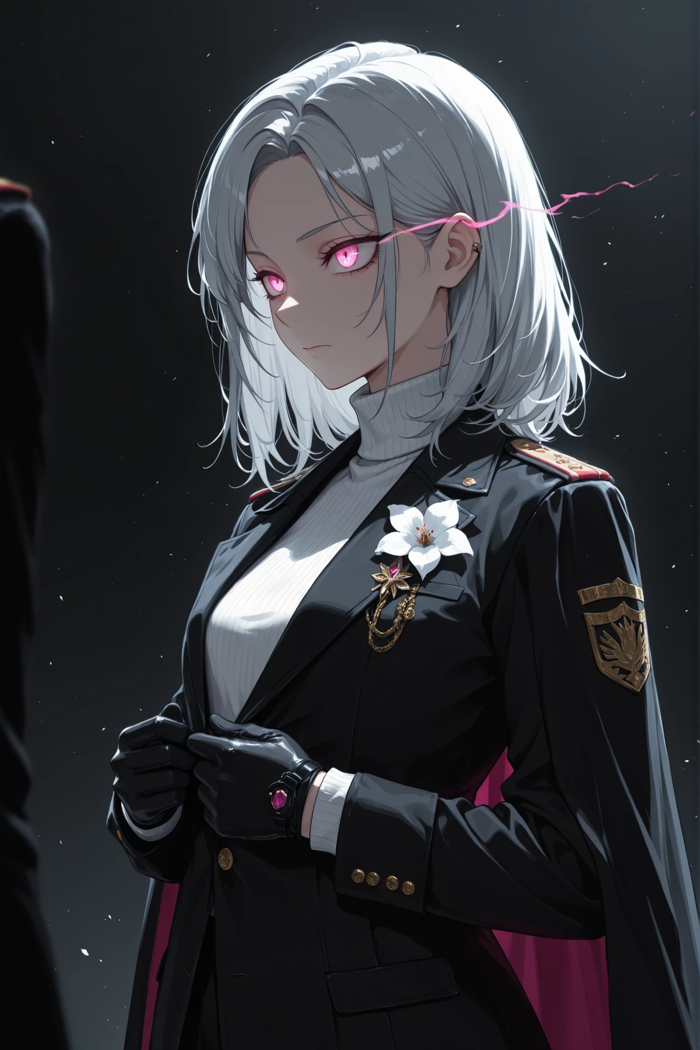 (glare, cowboy shot:1.22), kubrick stare, tsurime narrow eyes, predatory eyes, (standing at attention, disciplined, side shot,  close up shot, three quarter shot:1.5), mature, (1girl:0.75), solo, masterpiece, best quality, amazing quality, very aesthetic, high resolution, ultra-detailed, (soft shading, soft shadows, volumetric light:1.14), silver hair, medium hair, exposed ear, small chest, parted hair, pink eyes, glowing eyes, rune eyes, white turtleneck sweater, tsurime, expressionless, glare, kuudere, jewel eyes, white flower, bleeding flower, royalty, glove, buttoning manchets, black uniform jacket cape, casual warcore, techwear, soldier, royal guard, jacket cape, aura, gentle energy waves, eye trail