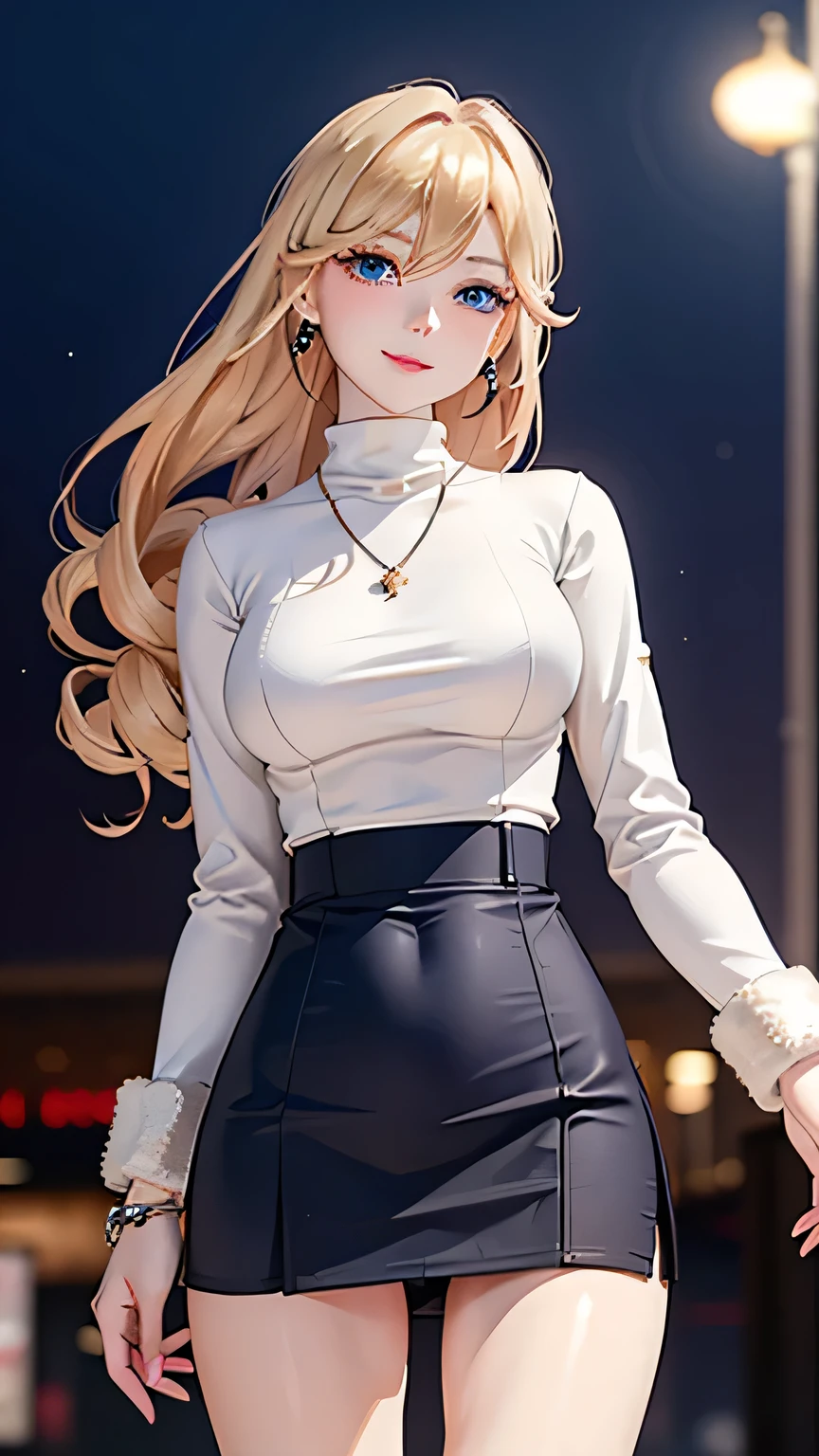 (Masterpiece, Ultra High Definition, Ultra High Quality / 8K Quality), A woman with the most beautiful face and body in history, Anime, Slim body, Tall height, Small face, Very large and full , Thin waist, Big , Balanced proportions, Shiny hair, Blonde, (((Updo:1.2))), Beautiful and shining eyes, (Clear blue eyes:1.2), (((Eyes with shining highlights:1.2))), Long eyelashes, Pink lips, ((Precise, beautiful and exquisite hand and finger creation)), (Charming smile), (Winter casual fashion), (Turtleneck sweater), (Long sleeve short jacket), (Tight micro mini skirt, slit skirt), (Elegant appearance), Red rose hair accessory, Elegant design necklace, Big earrings, Bangle, Ring, Beautiful standing posture like a fashion model, Winter shopping mall background