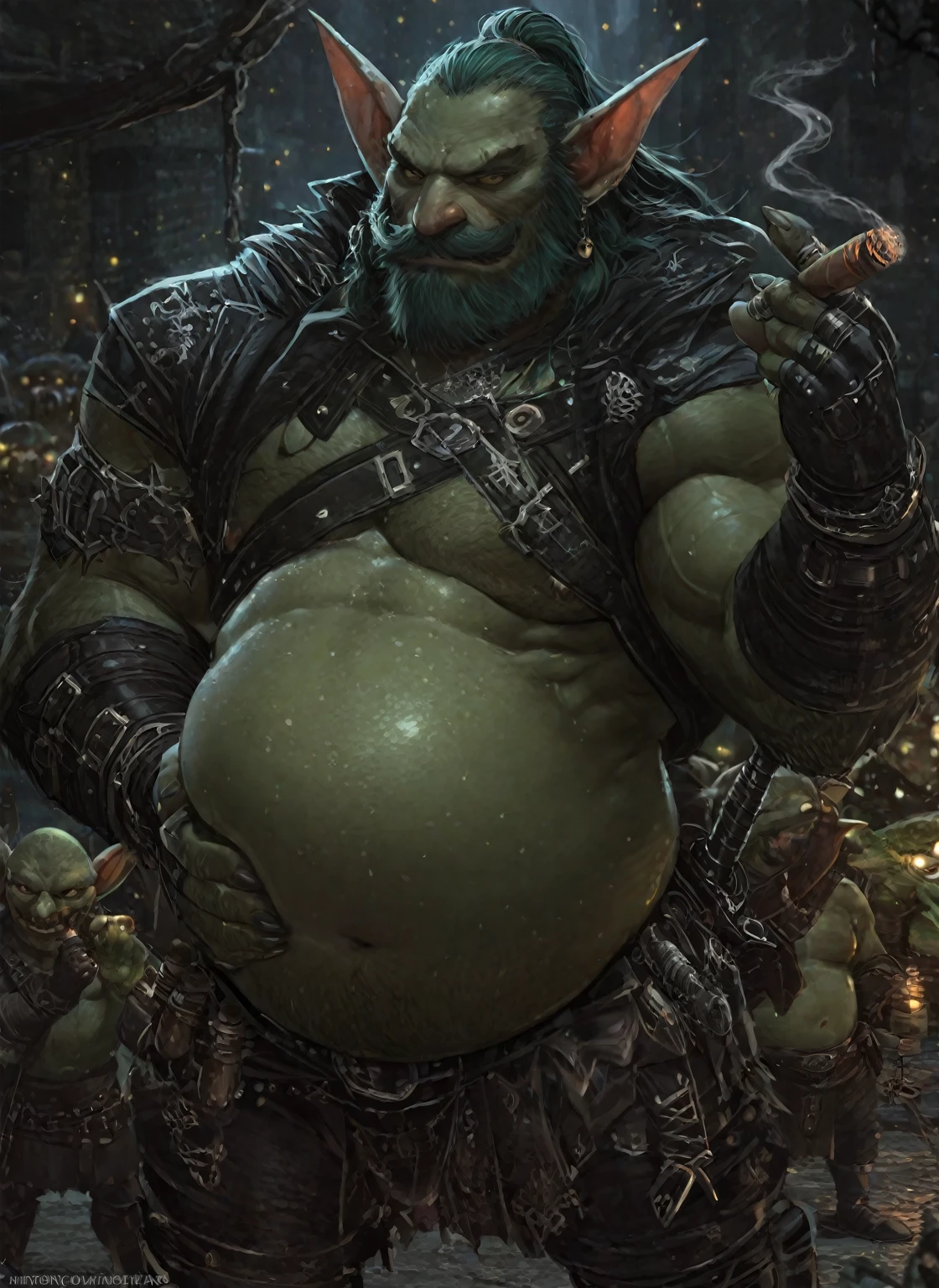Savage，Orcs are non-humans，Beast ears，No muscles，Fangs necklace，cloaks，fur garment，Polysomal hair，the scars，Tattooed with，fatness