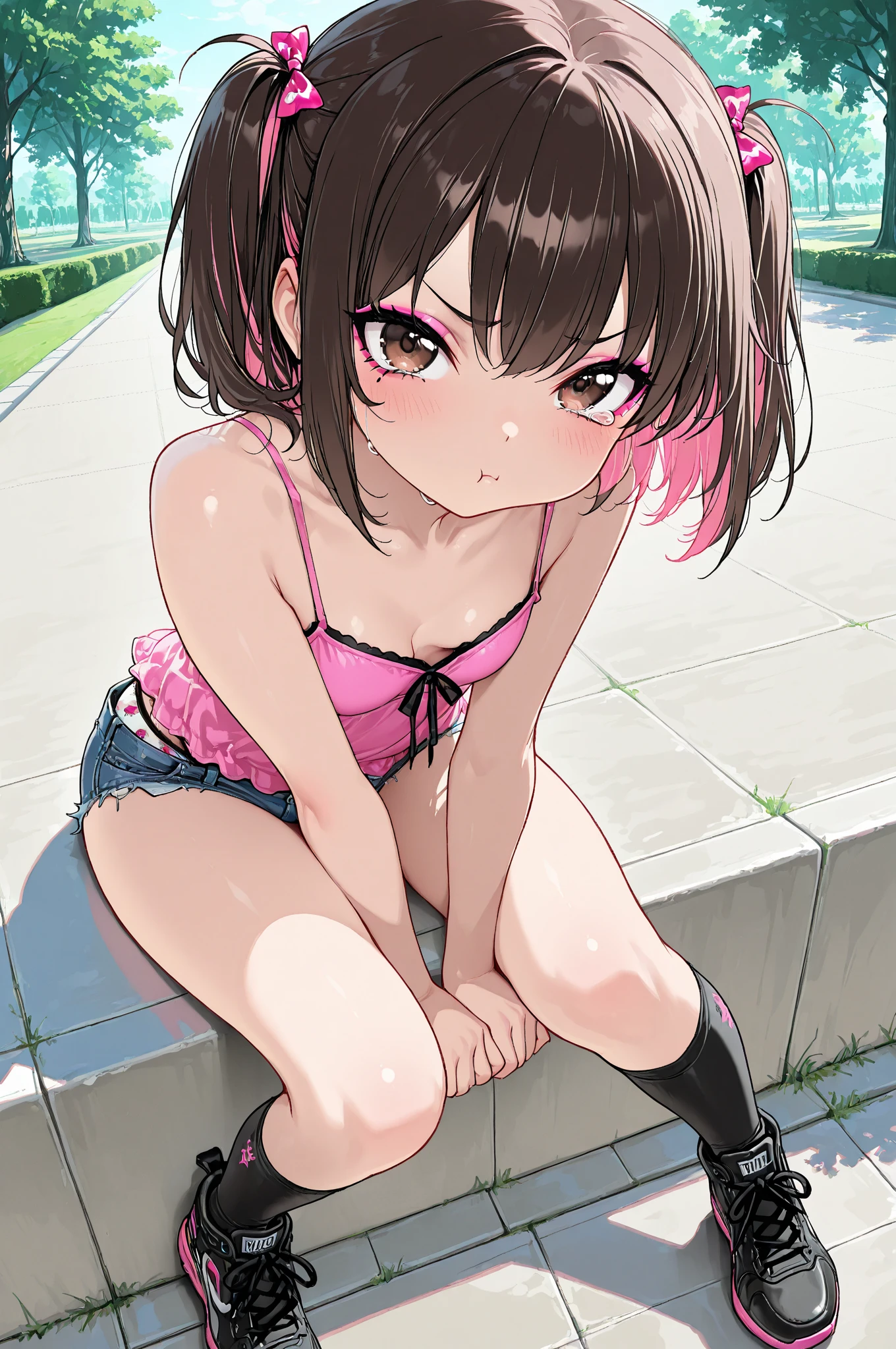 {{{masterpiece}}}, {{{highest quality、cute illustration、real looking skin}}}、from below、sit on a chair、young、low length、close、（5 years old、pink panties、Ruffled camisole、skirt、bob cut、Angry、Angry表情、impatience、blush 1.4、best lighting、amusement park、most detailed、cinematic angle、NSFW,amusement park