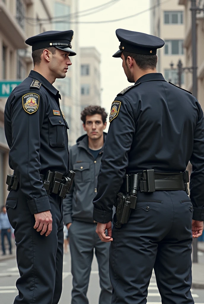policeman talks to another policeman in front of the entrance to a catholic church