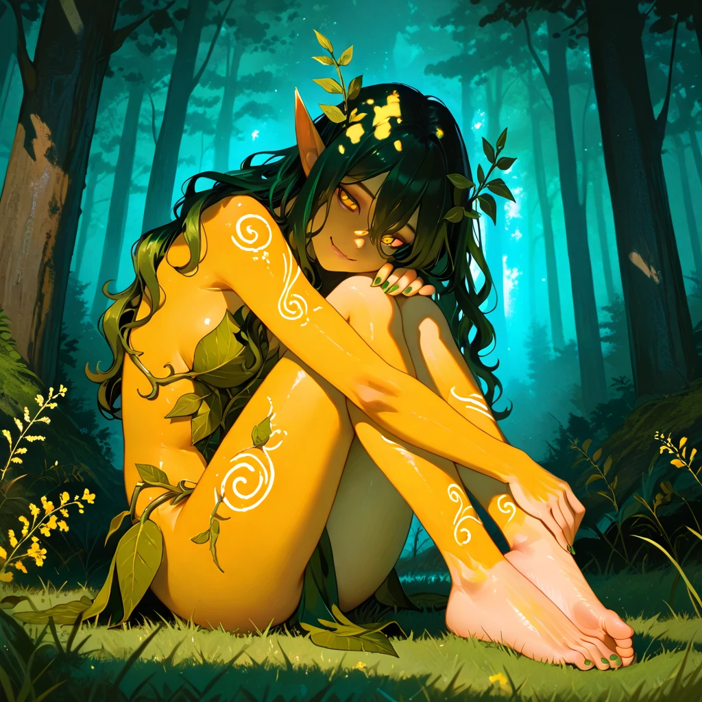 Naked girl sitting on the Giant mushrom, full body view, magic forest, looking at viewer, magic lights, magick lums, legs in the air