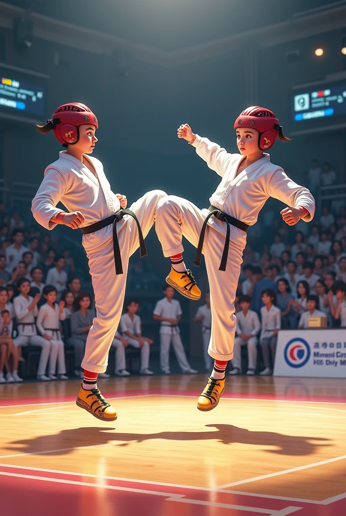 A boy in karate kumite uniform kicking a guy in tournament