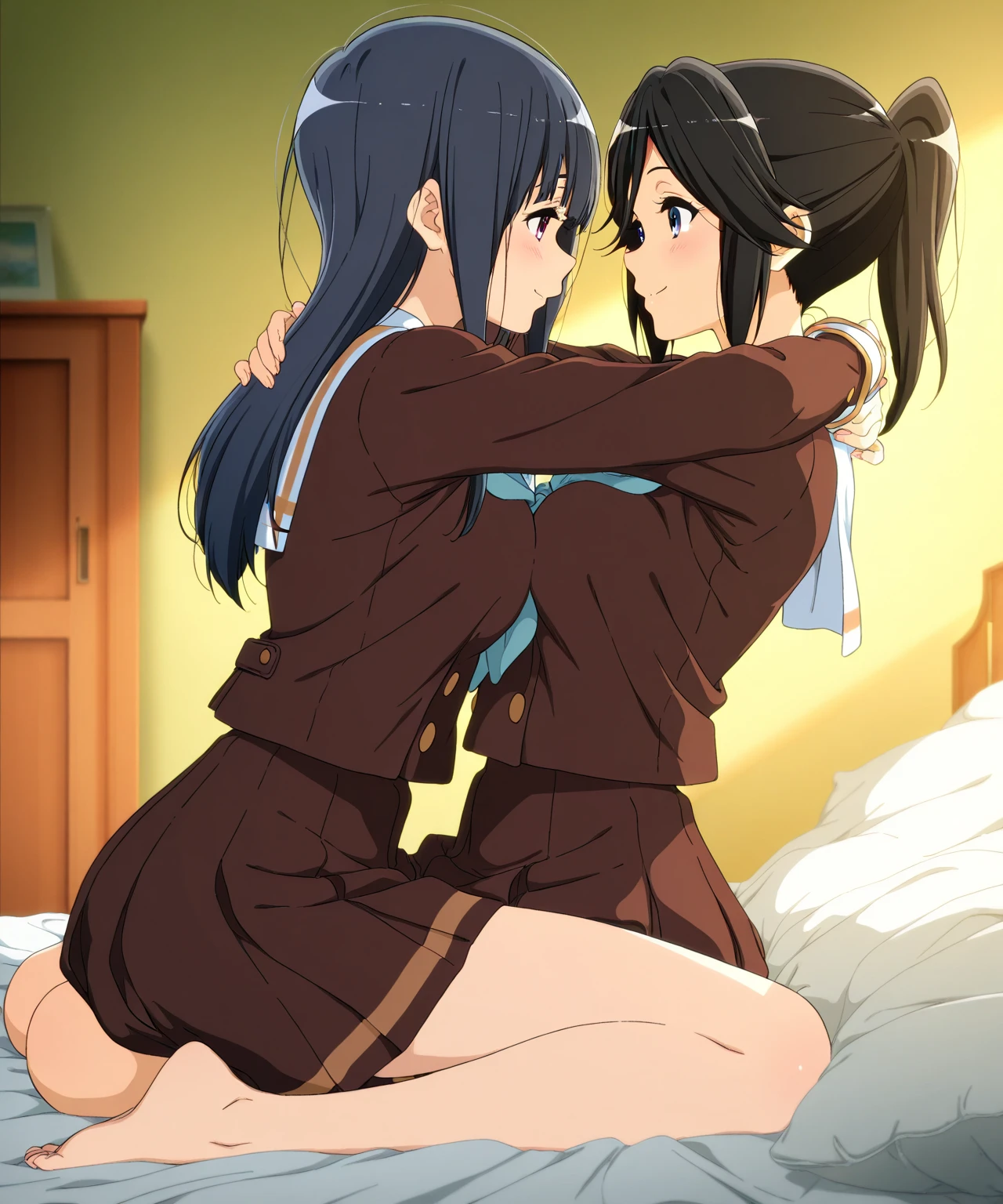 
One girl with black bob hair、Boobs fully exposed、Floral print panties、Standing posture、classroom、Shyness、Crying face、resistance