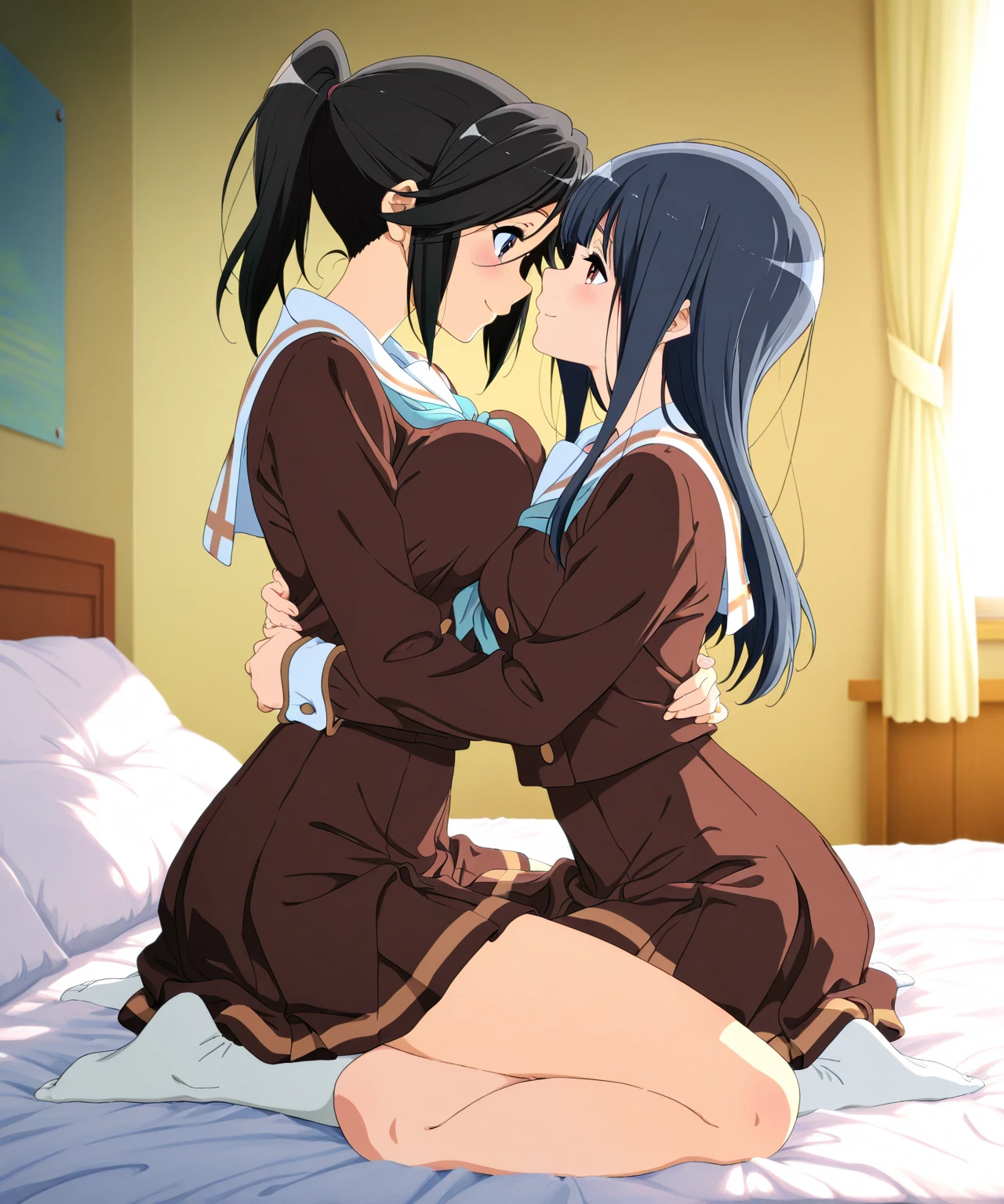 score_9, score_8_up,score_7_up, score_6_up,source_anime, 2 girls, Kaori Kitamura, Ami Sasaki, full body, smile, white thigh-highs, collar, gigantic breasts, thick thighs, wide hips, happy, blush, pregnant, wide hips, thick thighs, bedroom, dirty bedroom, blush, leash, leash on collar, man holding leash, shy, back view, looking at viewer, smile, naked, masterpiece, best quality, ultra detailed, topless, lactating, bending over, fat man, vaginal, ass grab, smile, happy, horny, blushing, cum, cum in pussy, cumshot, bending over, on all fours, open mouth, uncensored, huge penis