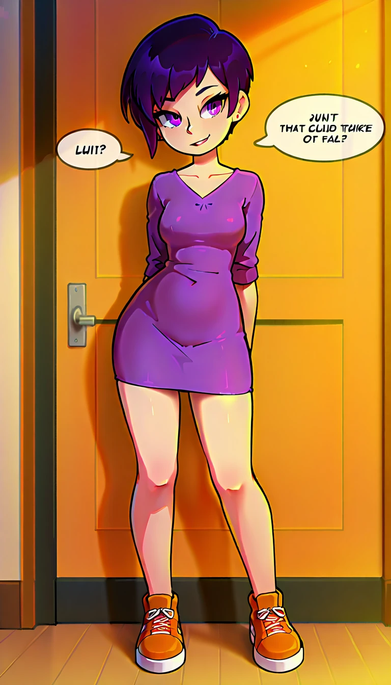 (masterpiece, best quality:1.2), extremely detailed, soft ambient lighting, sharp focus, 4K, BREAK 1girl, solo, <lora:(Concept) Slider Details Minimal:-1>, <lora:JaidenanimationsS2:0.8>, jaidenanimations, purple shirt, bare legs, long brown hair, (white skin), BREAK simple background, white background, looking at viewer, smiling, BREAK <lora:flaccidv2:0.4>, futanari, huge penis, long penis, veiny penis, large testicles, veiny testicles, precum, leaking cum, cum string, flaccid, penis to the knees