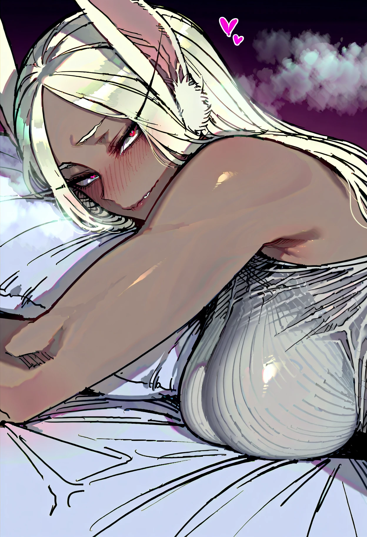 Ridiculous, high resolution, super detailed), 2 girls, (side view, glowing, long straight white hair, holding onto other girl), (laying down, stomach up, long messy glowing curly hair, closed eyes, closed mouth, being held by girl), couple, mature, elegant, highest detail, dark water, black swimsuit, SFW, long sharp nails, long hair