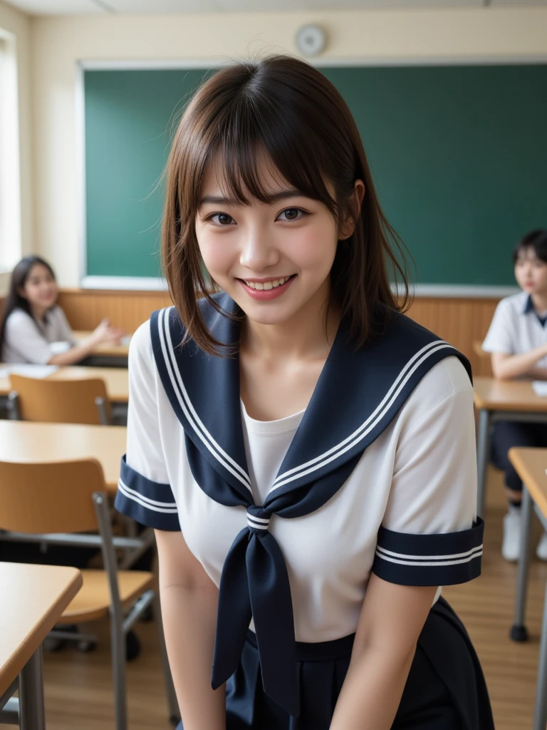 8k, highest quality, real image, intricate details, Super detailed, ultra high resolution, depth field,(realistic,realistic:1.2), (small breasts:1.5), (embarrassed:1.3), (abashed:1.3), 1 Japanese girl, very beautiful 17 year old girl, (beautiful breasts:1.5, highly detailed eyes:1.2), (beautiful breasts:1.1), bangs, perfect skin, Fair skin, tight waist, alone, looking at the viewer, black hair, hair behind the ear, shoulder hair, long hair, no makeup、In a high school classroom, (smile:1.2), During class, (high school sailor suit:1.2), navy pleated skirt, sitting next to the viewer, (opened mouth:1.2)