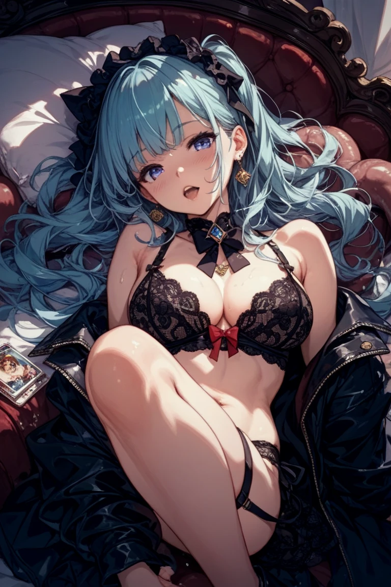 (masterpiece, best quality), 1girl, solo, (red streaked hair), (blue hair), green eyes, slim, large breasts, long hair, horny, lingerie, bed