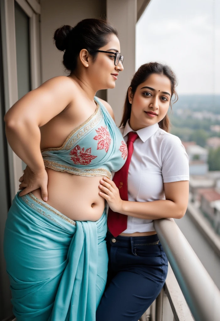 Anushka Shetty, catholic nun, her friend Emma Watson in college, curvy, British, 20s, smile, navel, dressed in transparent cotton, pressing breasts, side view, pubic hair, 