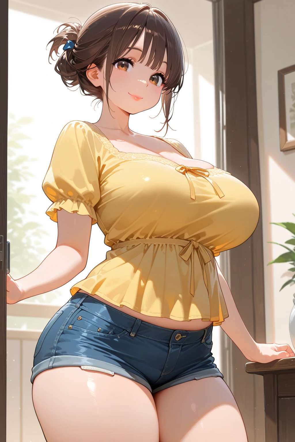 (High quality, High resolution, Fine details), Alley in the city, Standing, BREAK ruffled off-shoulder top, BREAK denim skirt, The sunlight casts a warm glow, solo, curvy women, sparkling eyes, (Detailed eyes:1.2), smile, blush, Sweat, Oily skin, shallow depth of field
