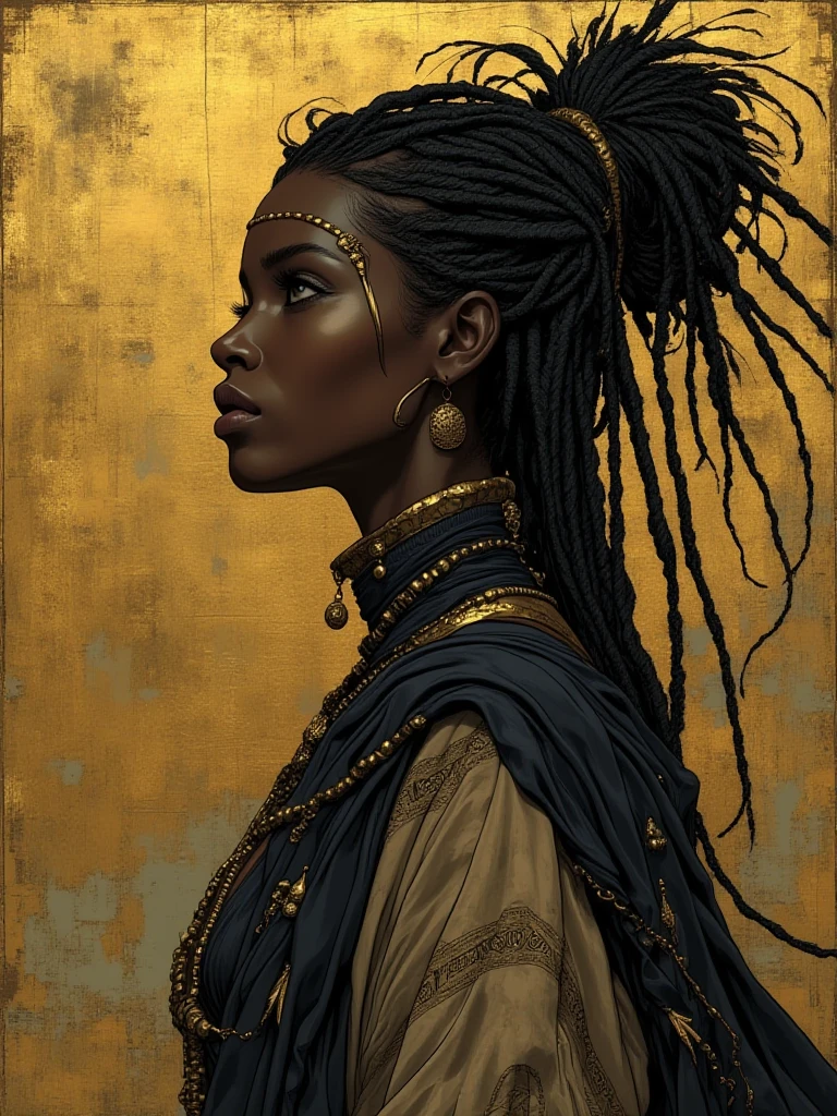 (Painting:1.3) of (Detailed illustration:1.3) A (full body:1.3) shot at 8k resolution, fantastic comic book style, photorealistic, intense look, anatomical photorealistic digital painting portrait of a, (Highly (dynamic:1.2) (palace:1.5) art detailed (rutkowski:1.2), (beautiful) (dark skin:1.3), (thicc) (female queen, long woven dreadlocks) extremely high detail, golden queen, (fantastic amazing versace ankara decoration:1.2), egyptian gold art, Artstation contest winner, afrofuturism, epic, explosive volumetric, Delightful anatomy, (fantastic perfect art, 64k ultra hd:1.1), very detailed skin, very detailed eyes, concept artist, global illumination, depth of field, (art by apterus, art by dan mumford:1.2)