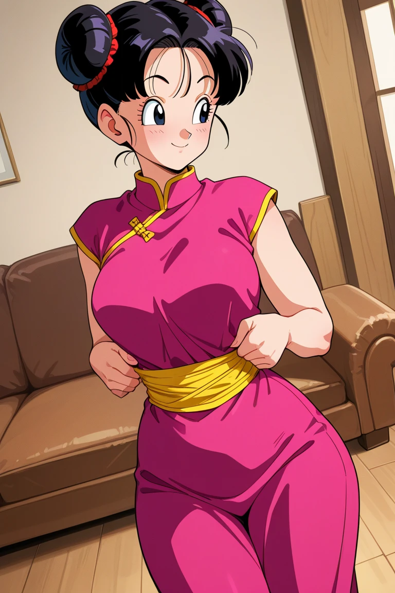highly detailed,masterpiece,ultra-detailed,illustration,best quality,chichi_dbz,earrings,pendant,finely detail,beautiful detailed glow,bracelet,collar,black hair,1girl,cheongsam,Shiny skin ,ultra-detailed,Shiny clothes,an extremely delicate and beautiful,best shadow,masterpiece,solo,mature female,an extremely delicate and beautiful girl,world masterpiece theater,looking_at_viewers,Half updo,single hair bun,The Polished single topknot,,hair slicked back,no bangs,Serious,Rose and butterfly prints on Tight cheongsam,semicircle house on the meadow,dynamic pose,forehead,no hair in forehead,cowboy shot,<lora:Chichi_DBZ:0.5>