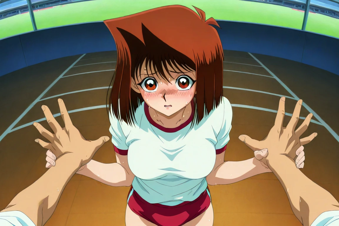 (Best Quality, Masterpiece),sexy, erotic, 1girl, 18 years old, Contempt, pride, brown hair, looking at viewer, ((dark room)), sweat, warm light, ((breast grab)), raised eyebrows, perfect hands, ((standing)), (((underwear))), thick thighs, panties