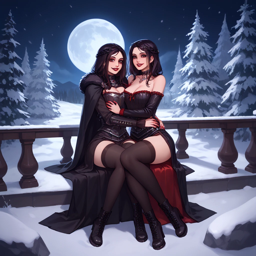 vampire teeth , ((((nighttime))) , 2girls, long hair , RAW photo, high quality, film grain,simple background, presenting, beautiful, (silver and red lined satin cloak tied at the neck:1.20) , breasts, blood , cum in pussy, big ass, ,standing cunnilingus,clothes lift,bottomless,  moonlit graveyard , (2girls,yuri), licking vagina, naked pussy