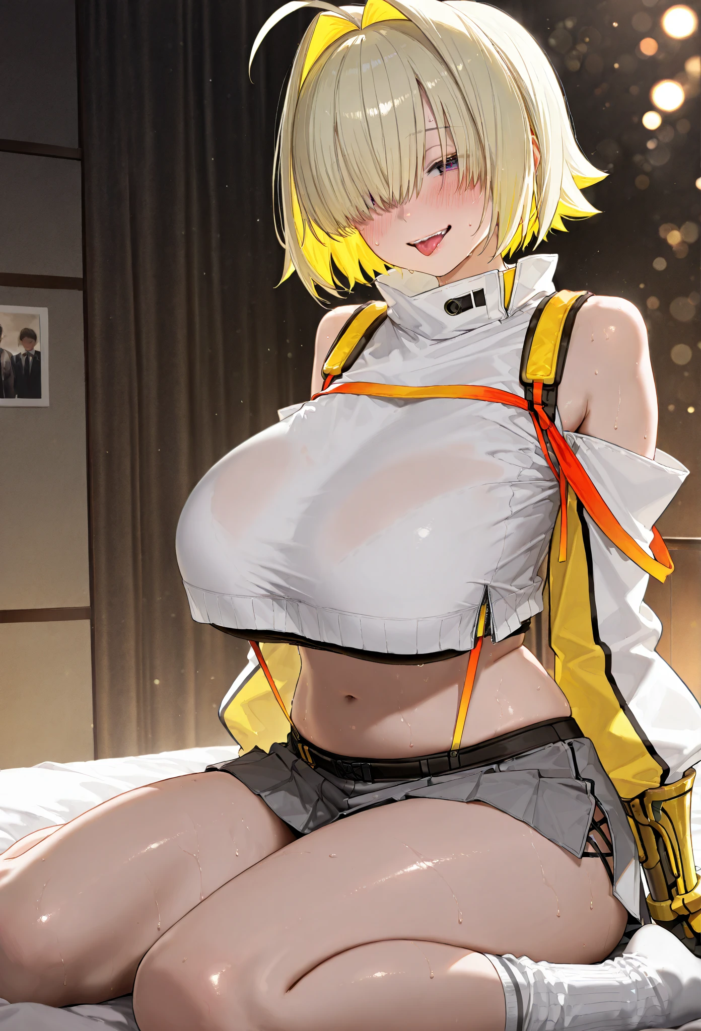 (NSFW 6.0), GIRL with big breasts, short hair, blonde, yellow eyes, white bikini, undressing, tan lines, winking nipples, areola, Nikke, Anis from Nikke goddess of victory,oppai, hot and sunny highly-detailed, official artwork, at the beach, at a beach, top rated on pixiv, anime girl drinks energy drink, official artwork