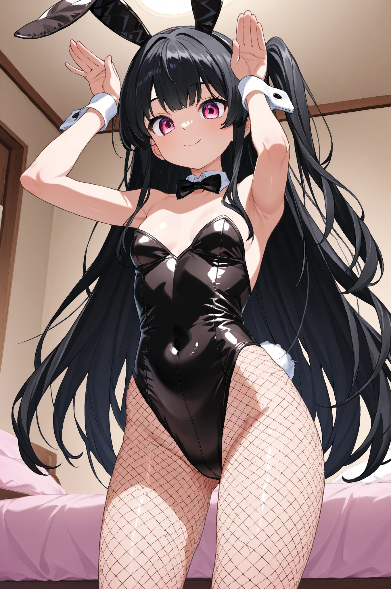 1 girl,CG,small breasts, black hair, long hair, straight hair, black eyes,((playboy、stockings)),((Fold your hands in front of you)),((white background))