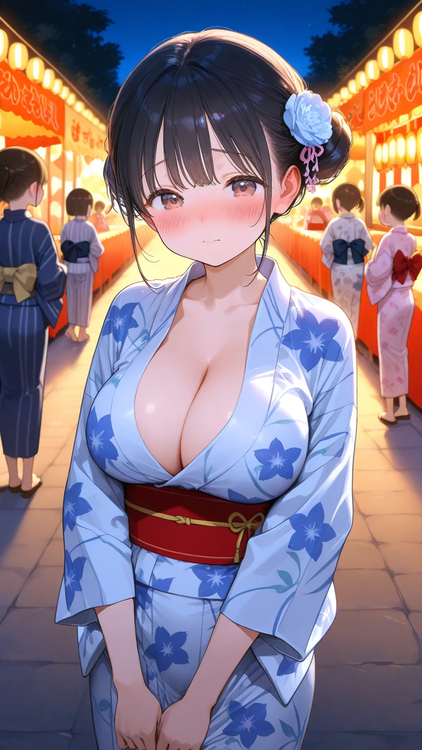 Mature attractive sexy woman,50 years old, ((kimono)),(((kimono))),Shut,((Big Breasts:1.2)),(Facial wrinkles:1.3),light makeup,Light brown hair,Long Hair,(Full body photography:0.85),(Emphasize big buttocks),8k, RAW Photos, highest quality, Laughter,masterpiece,highest quality、A gentle smile、A gaze that seduces viewers、Random hairstyle、Summer festival、Night food stalls、light up、landscape、looks fun、