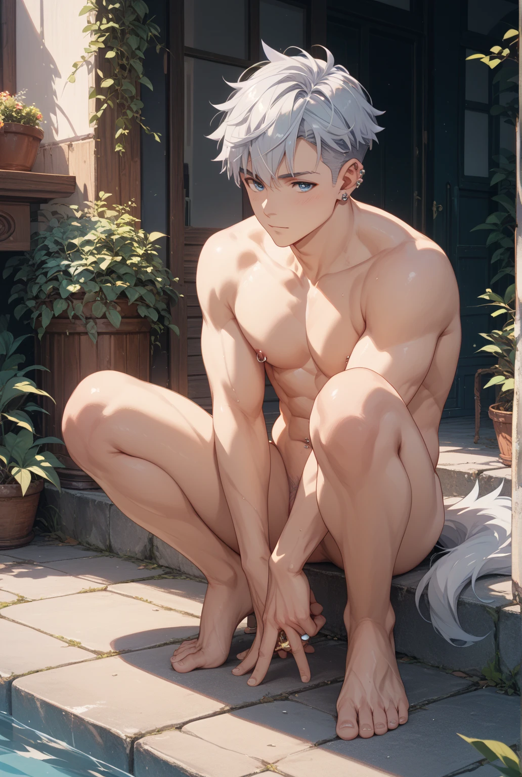 1boy,12 only、Man's,white hair、short hairstyle、Cat's ears、 Collar,Naked towel,With puffiness、Magic Hour,Backlighting,lake,heavy fog、 Trees、AngelT、birds,dark scenary、hightquality、masutepiece,hight resolution、NSFW,