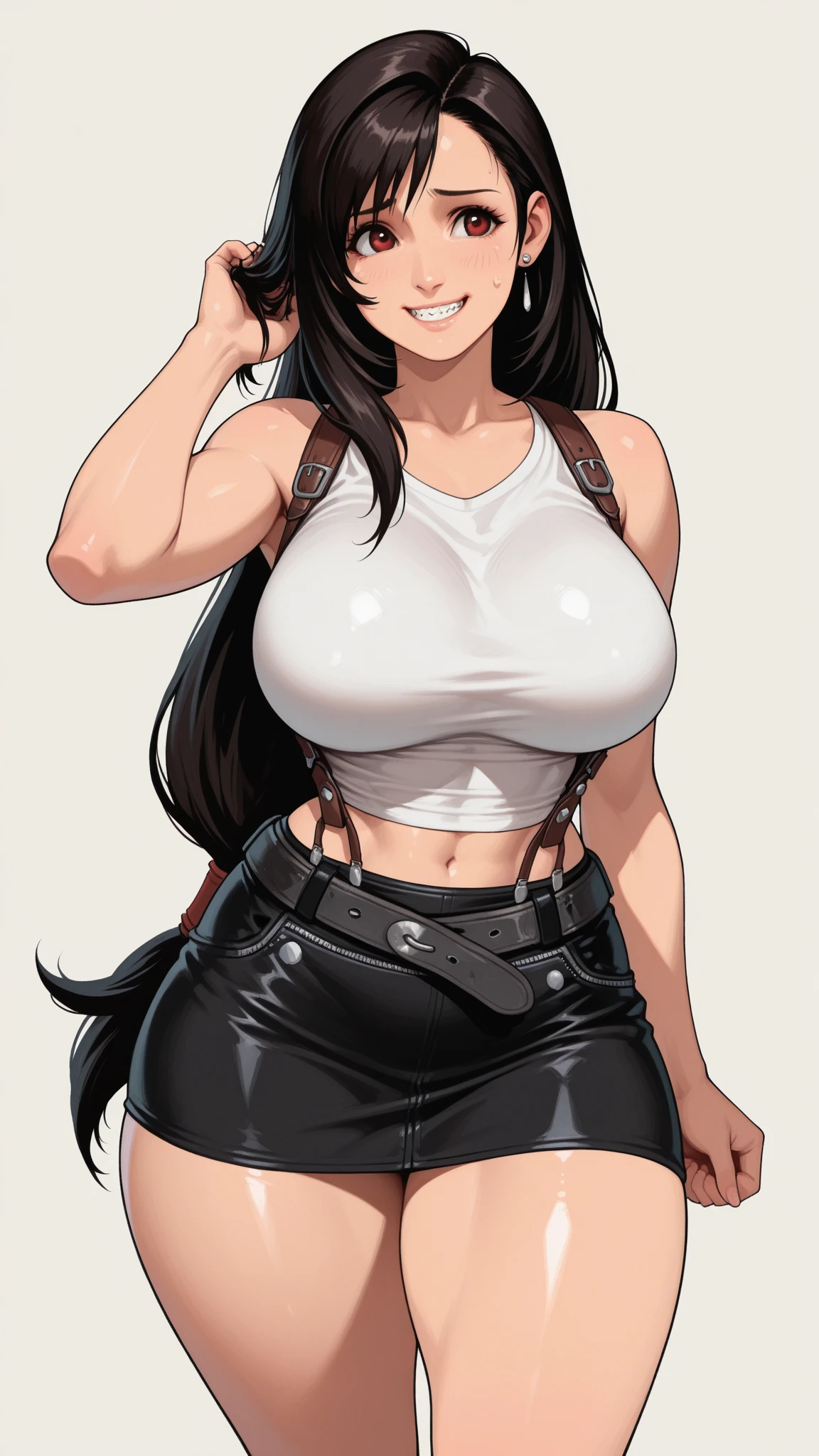 8k,masterpiece, Best quality,Large target, (1 girl), tifa lockhart, Red_Eye, Black Hair, Long hair, Professional lighting, (Glowing skin: 1.2), shiny Large target, ((best quality)), Clear focus: 1.2, Highly detailed face and skin texture, detailed Eye, Perfect face, Perfect body, blur art, CG, background, Large Breasts, present (20 years, Mature and cool beautiful face), Wear ((Black suspender skirt), Black elbow gloves, white tight shirt, thigh, White vest), blush, (Mitgal), Random pose, top view,眯起Eye, Smile, Large Breasts. (Cleavage)8k, Super detailed, fair and aesthetic, high quality, fair, masterpiece, best quality, permanent, lean forward, Glowing skin, Sticking out tongue of mouth, blush, Sexy body, Definition, 完美的Eye, Sticking out tongue, blush, Strabismus,(with tears in eyes, Saliva residue), The hem of the skirt is wet, Brushed, photography, 8k, HDR, high resolution, absurd:1.2, Kodak Portrait 400, Film Grain, 模糊的background, Bokeh:1.2, lens flare, (Energetic_color:1.2),专业photography师