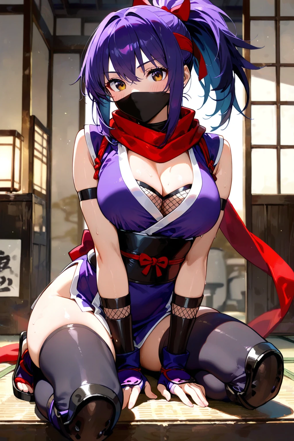 a greek goddess, pretty face, well proportioned body, wearing transparent clothes, showing half breasts, blue hair, big breasts, squatting, wide crotch, liquid,Cinematic Lighting, Contrast, High Resolution