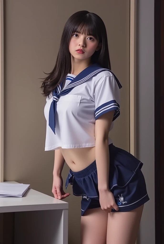 NSFW, ((Backwards)), ((Show me your ass)), (masterpiece, Highest quality:1.2), 8K, Young and beautiful girl, 85mm,Official AR RAW Photos, (Baby Face), ((Small face)), ((Big Breasts))、((Full nudity)), Detailed nipples, (((Lying on the bed))), Show me your ears、photo shoot, Cute face, Thighs, Embarrassing、smile、No makeup, Film Grain, chromatic aberration, Sharp focus, Face Light, Bright lighting, 10 generations, Detailed face, Background blur、((((((14 year old high school girl))))))、Narrow waist, Sailor suit、Dark blue mini skirt、White tiny panties, Sleeping on the bed, Detailed pubic hair, (Sensual look), (Seductive pose)