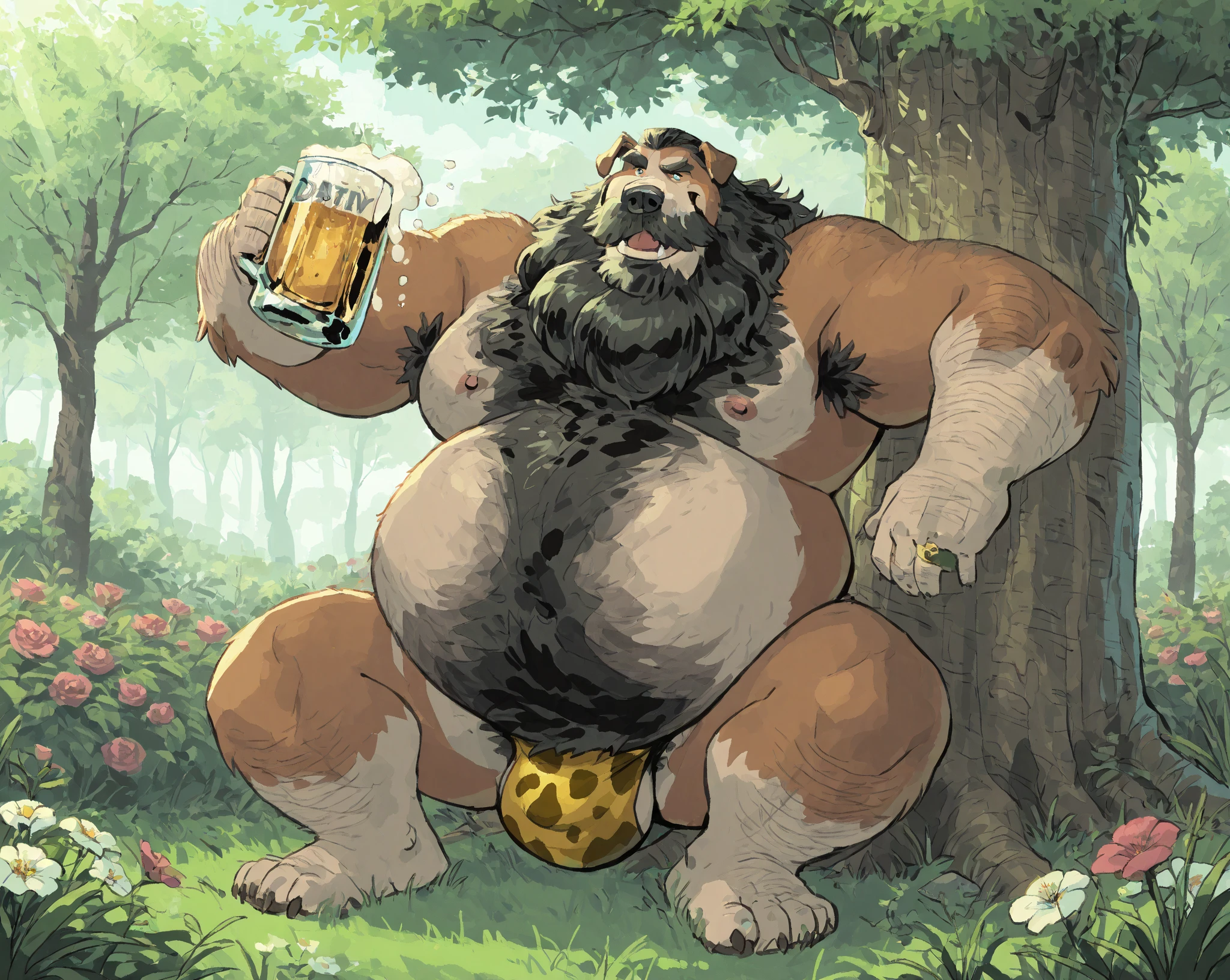 Obese, Overweight male, anthro, bull), lying, beautiful white, luminiscent blue eyes, nude, fundoshi, style of Andreas Achenbach, luminous secret garden hidden among tall trees, In the center of the garden a winding stone path through lush grass, Along the path, depict a variety of colorful flowers and blooming shrubs, a light mist to give the garden a mysterious atmosphere. At the bottom of the garden is an ancient fountain that gently trickles water, surrounded by climbing plants and moss,matte painting,